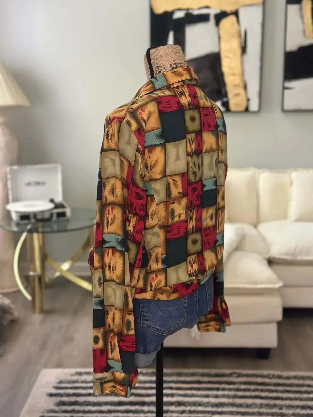 Vintage Cathy Che Abstract Geometric Block Art Print Button Up Size 14 - Picture 5 of 6